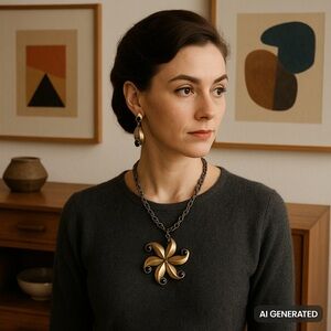 Vintage MYKA Denmark Modernist Necklace & Earrings Set Pewter Black Glass